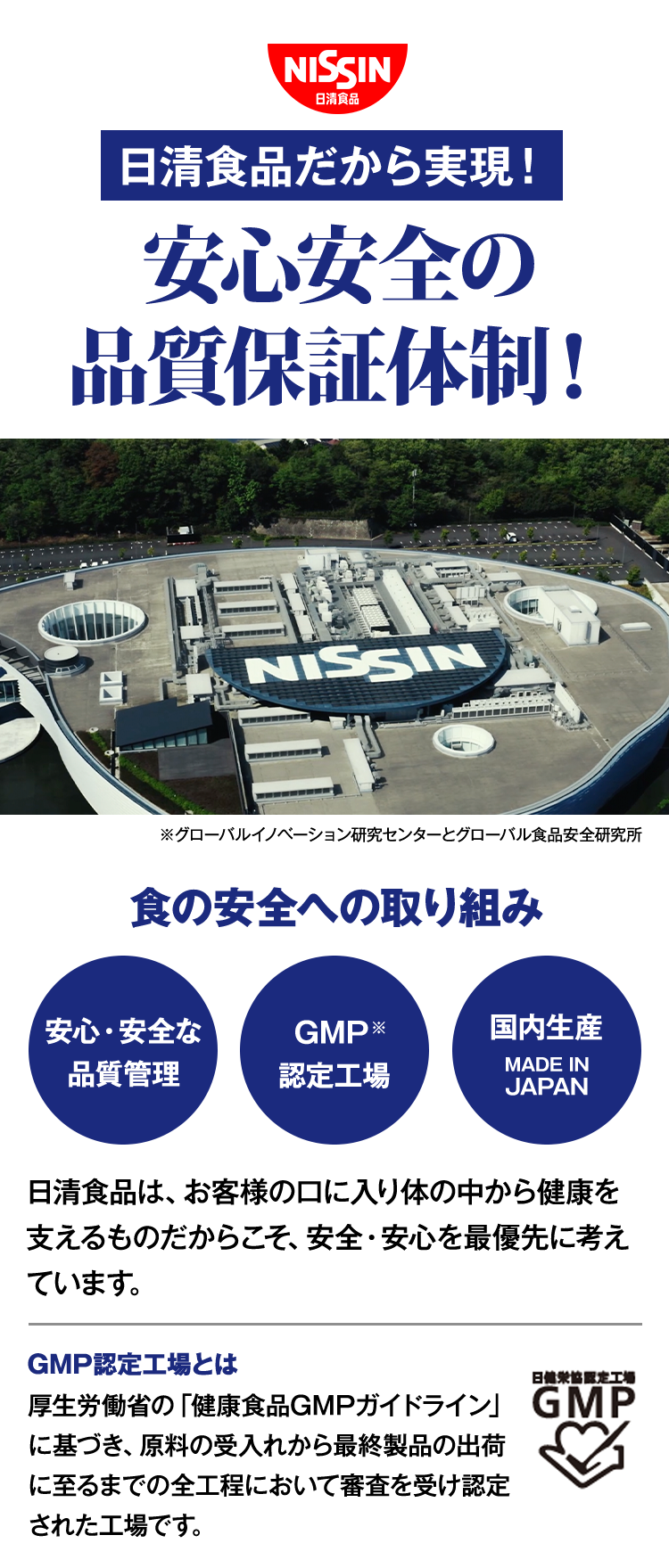 20年の研究が生んだ日清食品の食事前の新習慣！　日清食品だからこその信頼品質！　安心・安全な品質管理　GMP認定工場　国内生産 MADE IN JAPAN　日清食品は、お客様の口に入り体の中から健康を支えるだからこそ、安全・安心を最優先に考えています。GMP認定工場とは　安全な健康食品の製造に必要不可々な適正製造規範のことです。