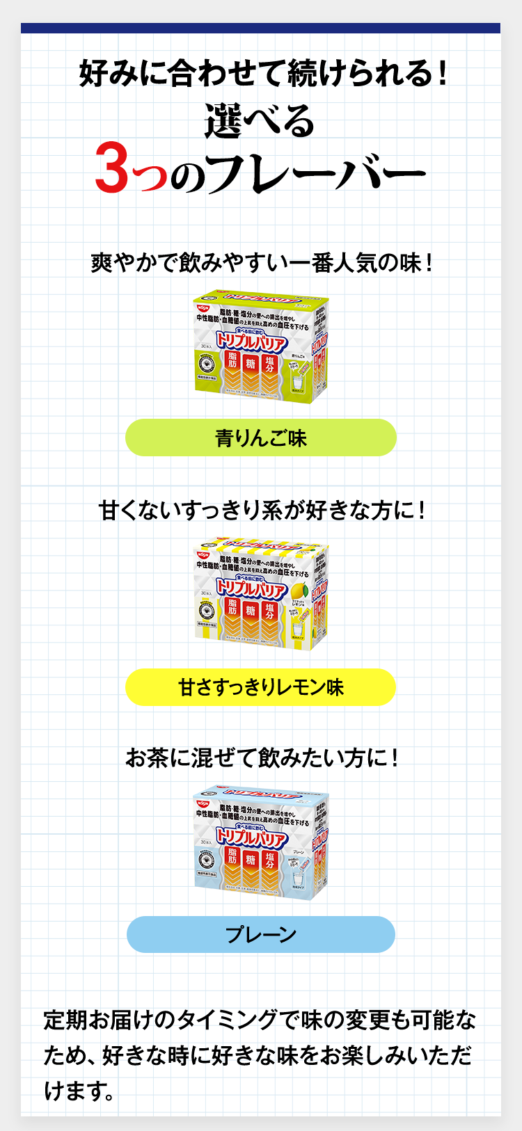 好みに合わせて続けられる！選べる４つのフレーバー　一番人気！青りんご味　甘くないすっきり系が好きな方に！甘さすっきりレモン味　お茶に混ぜて飲みたい方に！プレーン　新登場１箱に３つの味果物フレーバー３種アソート　定期お届けのタイミングで味の変更も可能なため、好きな時に好きな味をお楽しみいただけます。